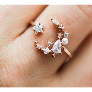 NEW Columbus Fashion CZ Moon Stars Adjustable Ring Women 6.5